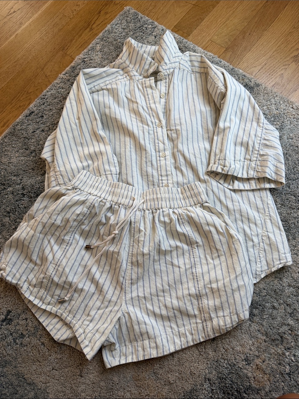 Apiece Apart Light Blue Pinstripe Cotton Shirt & Shorts Set